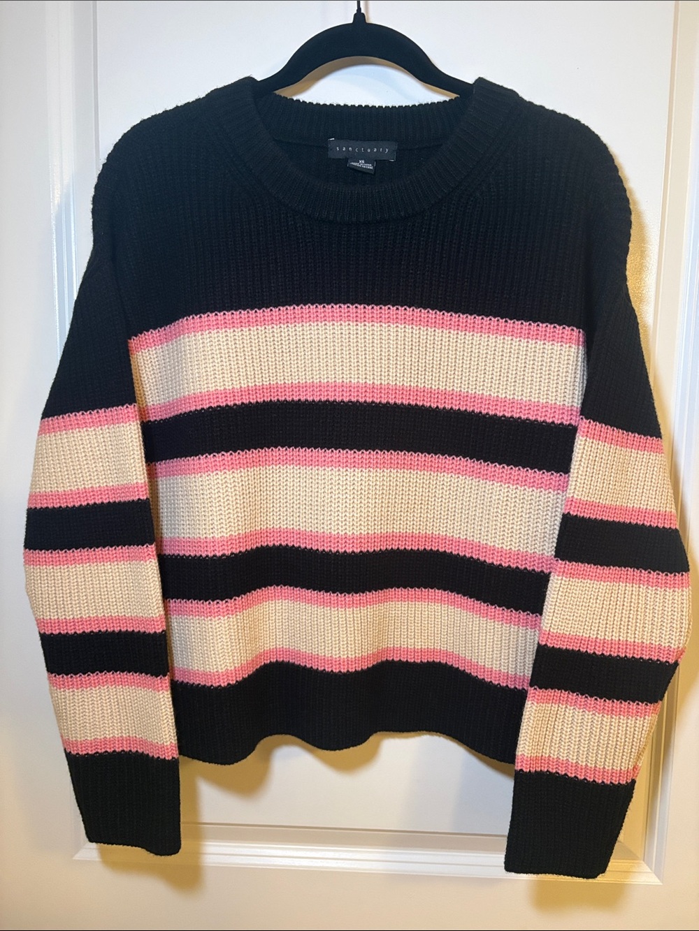 Sanctuary Women’s Size XS Black, Cream & Pink Striped Ribbed Crew Sweater